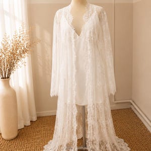Chantilly lace wedding robe with silk sash and long sleeves