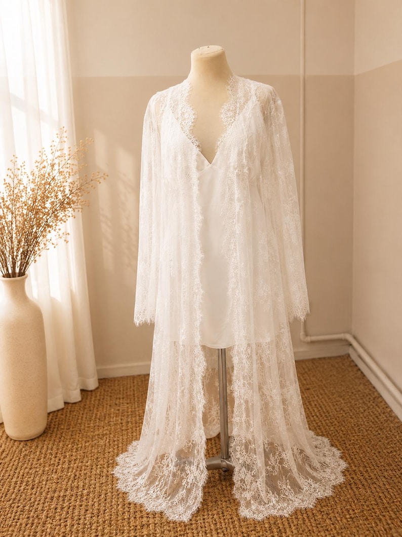 Chantilly lace wedding robe with silk sash and long sleeves