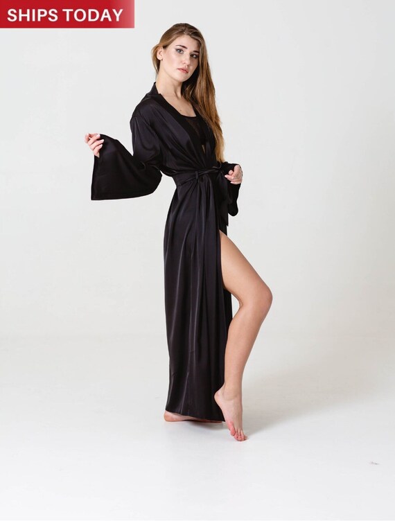 Black robe long for women Gothic maxi kimono Boudoir satin silk robe