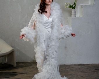 Long bridal robe for wedding Old Hollywood Dramatic ruffle robe Lush burlesque sheer kimono