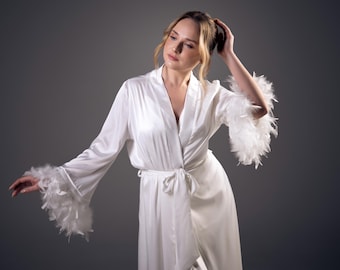 Bridal feather robe for wedding morning Bridal getting ready kimono
