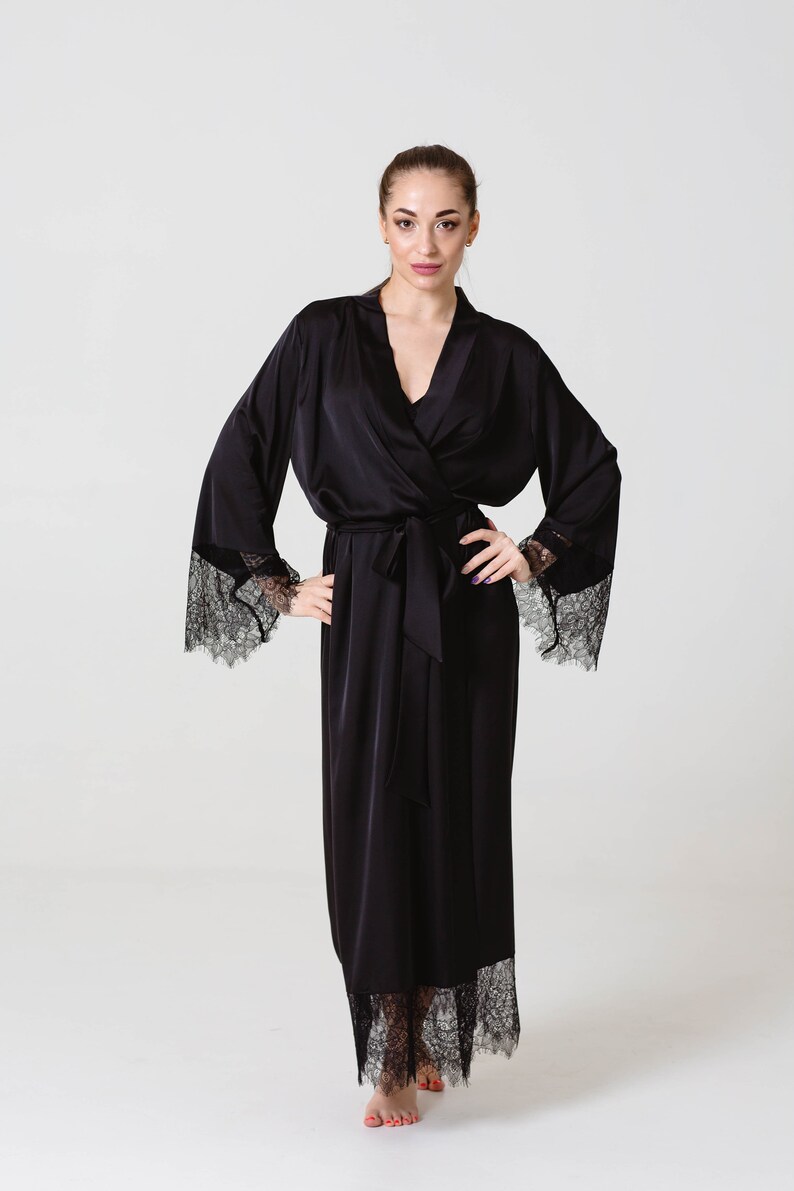 Black Silk Bride Robe Lace Bridal Robe Long Bridesmaid Etsy
