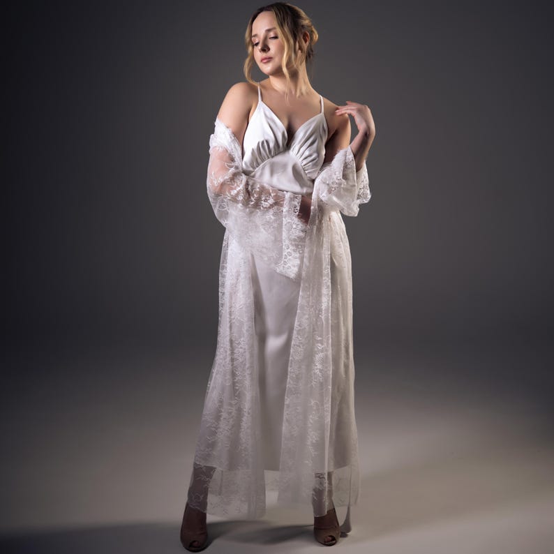 Chantilly Lace bridal robe Bride robes white long Wedding getting ready lace kimono Long robe + nighty