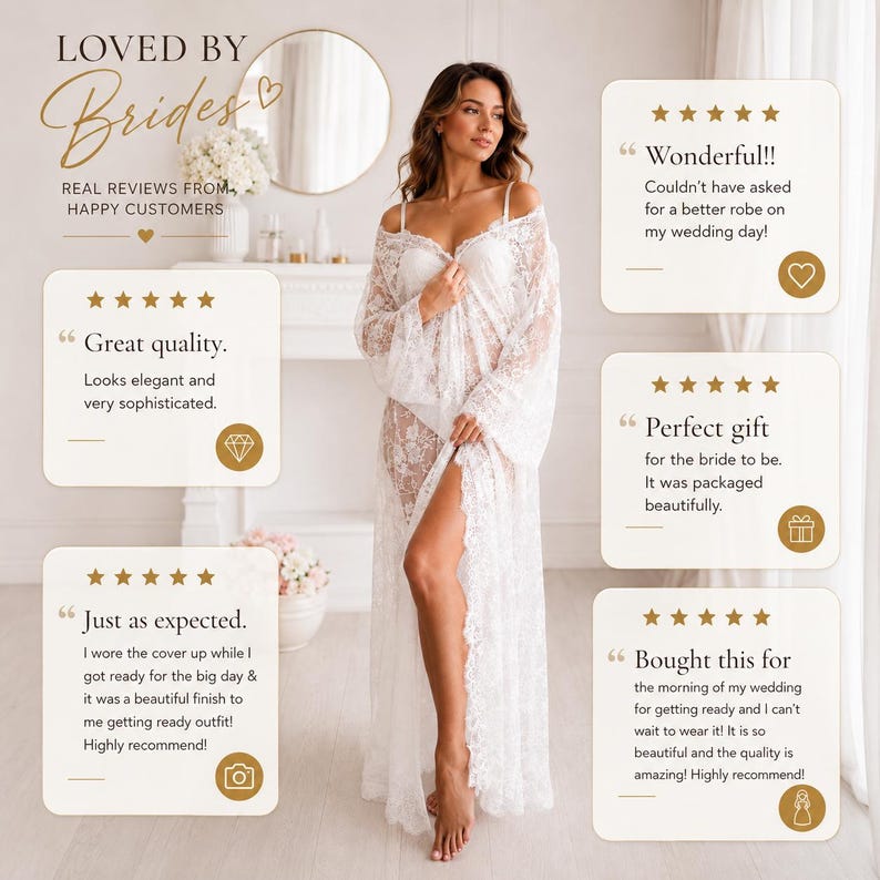 Puede incluir: Una bata de encaje blanco hasta el suelo con mangas largas y anchas y frente abierto. La imagen incluye superposiciones de texto con rese&ntilde;as de cinco estrellas con frases como Loved by Brides, Great quality, Wonderful, Perfect gift y Just as expected.