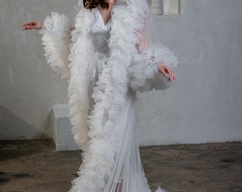 Bride robe for wedding day Old Hollywood Dramatic ruffle robe Lush burlesque sheer kimono