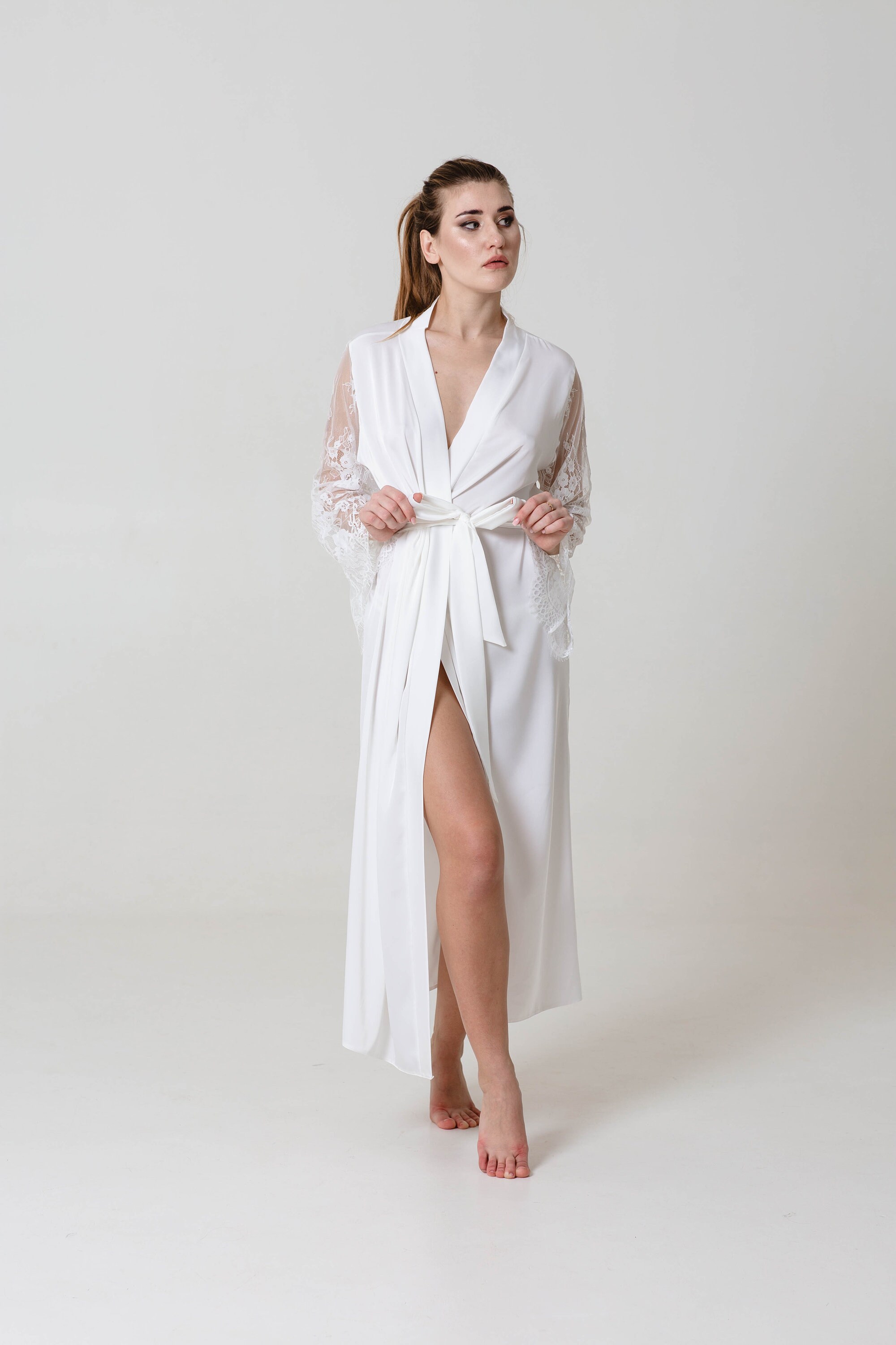 Long Black Robe Bride Kimono for Women Lace Bridal Robe Silk Etsy UK