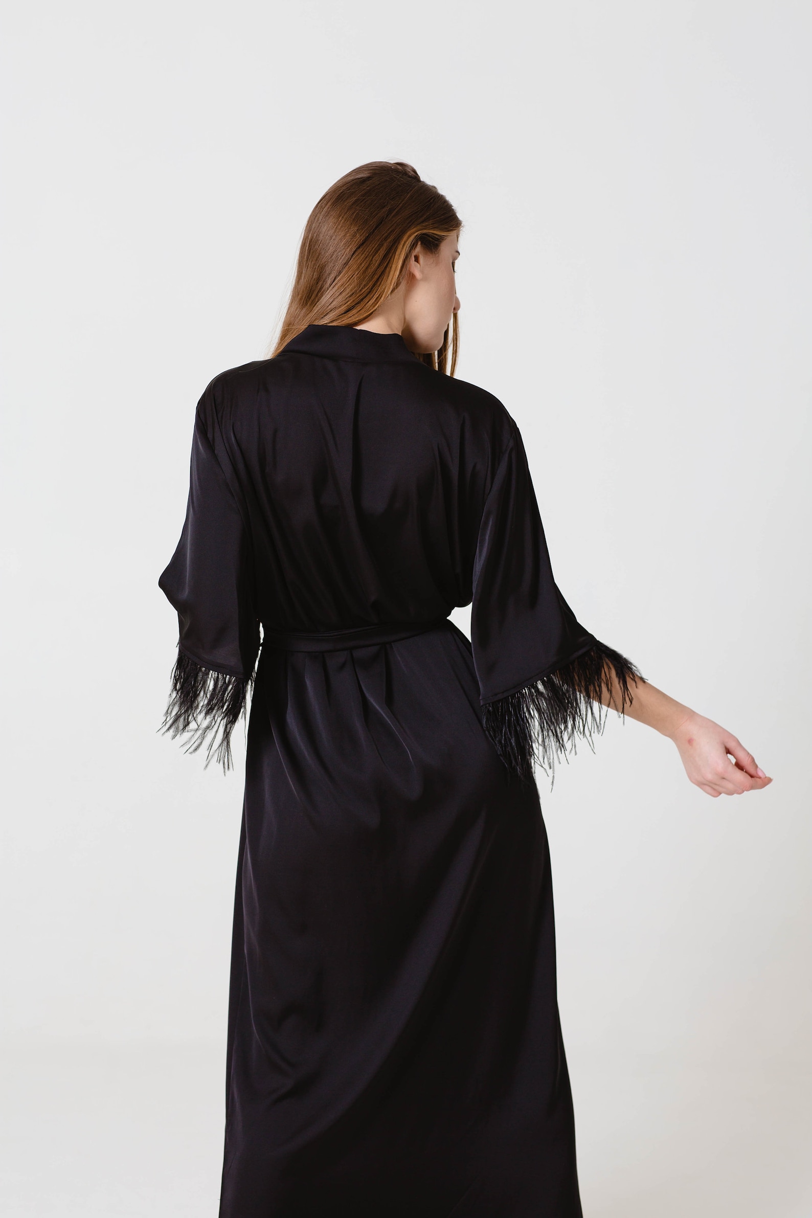 Black feather robe long 30th birthday gift for women Silk Etsy