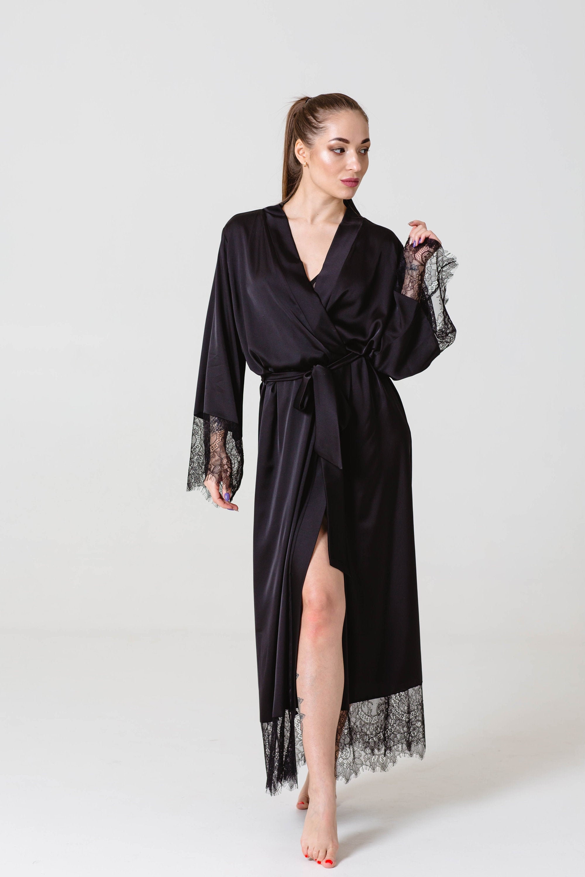 long black silk robe plus size