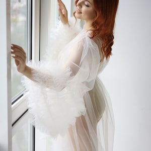 Long bridal robe with train Sheer tulle ruffle robe Boudoir Robe image 9