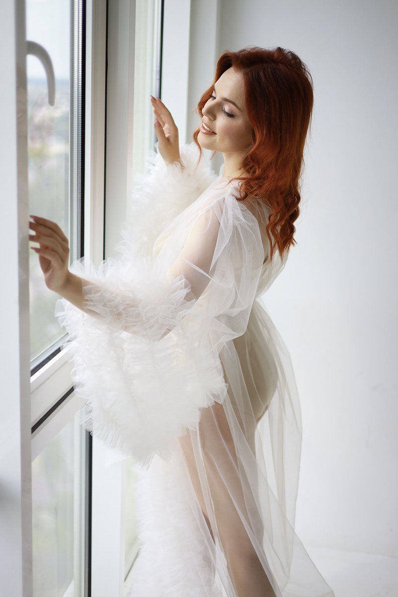 Long bridal robe with train Sheer tulle ruffle robe Boudoir Robe image 9