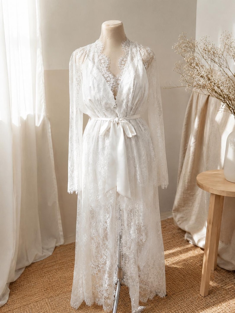 Luxury Chantilly lace bridal robe for wedding day preparation