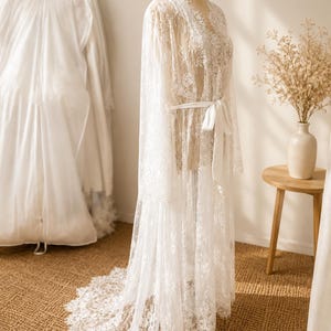 Handmade Chantilly lace bridal robe with floor length train