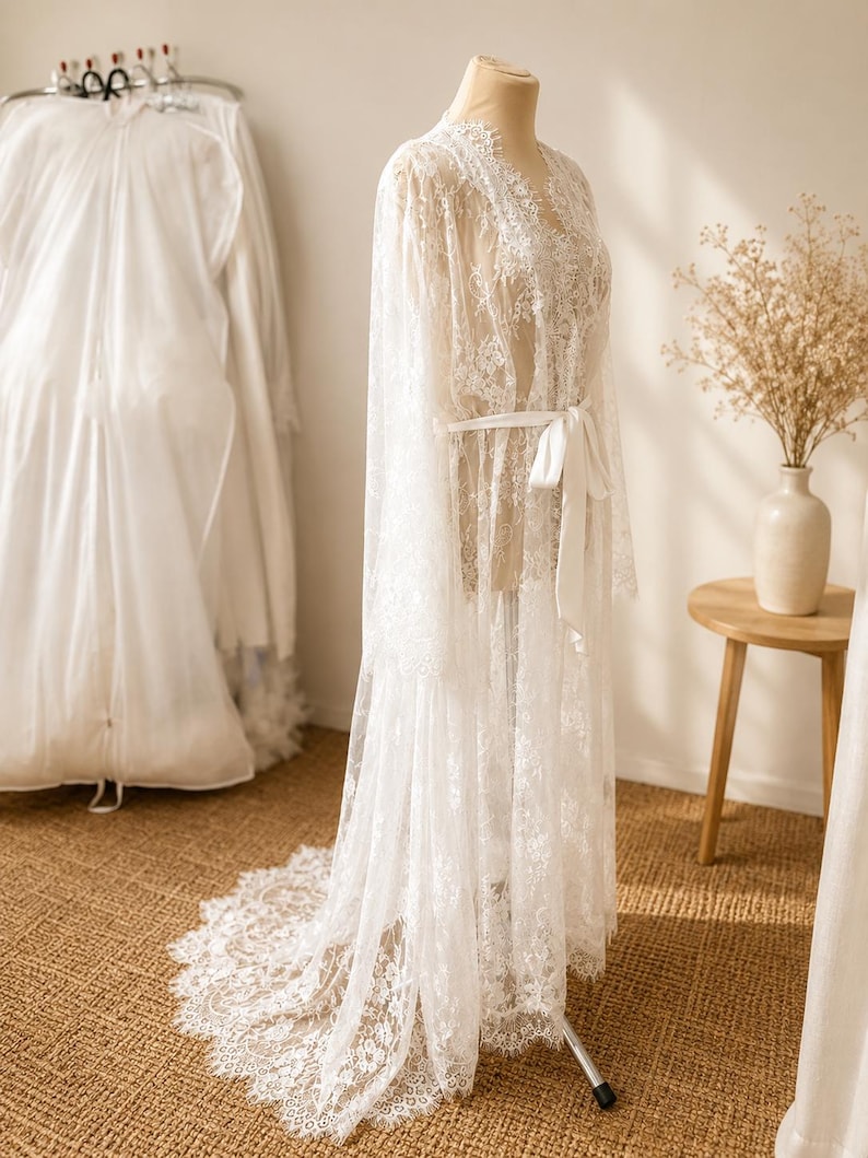 Handmade Chantilly lace bridal robe with floor length train