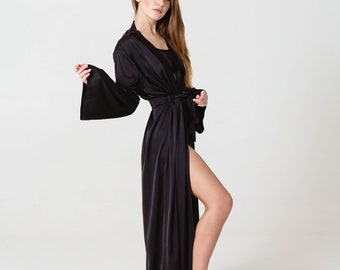 Black robe long for women Gothic maxi kimono Boudoir satin silk robe