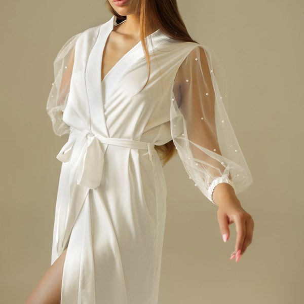 Bridal robe pearl long White maxi kimono for bride Boudoir robes 30th birthday gift for women with tulle