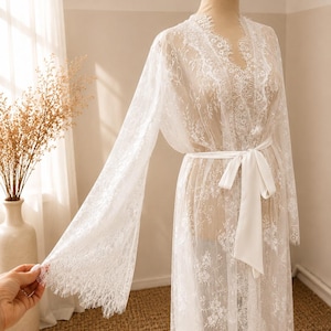 Long white lace robe with silk belt for bride
