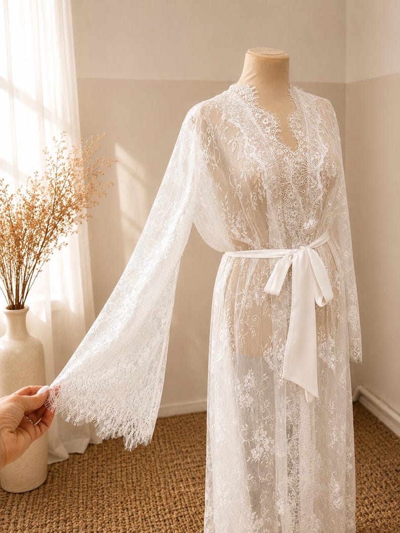 Long white lace robe with silk belt for bride