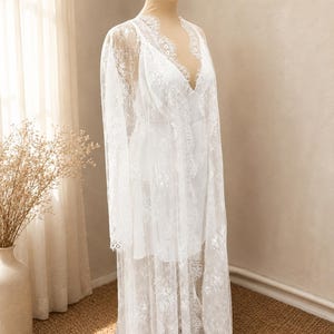 Sheer lace bridal robe with train and matching silk belt