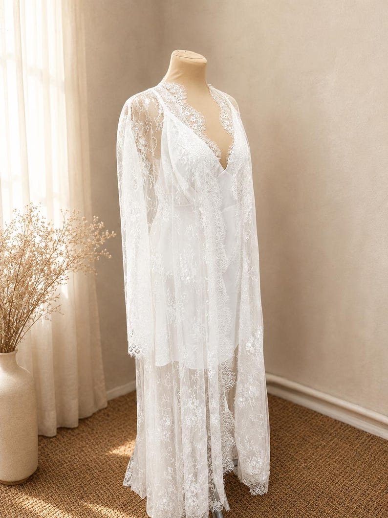 Sheer lace bridal robe with train and matching silk belt
