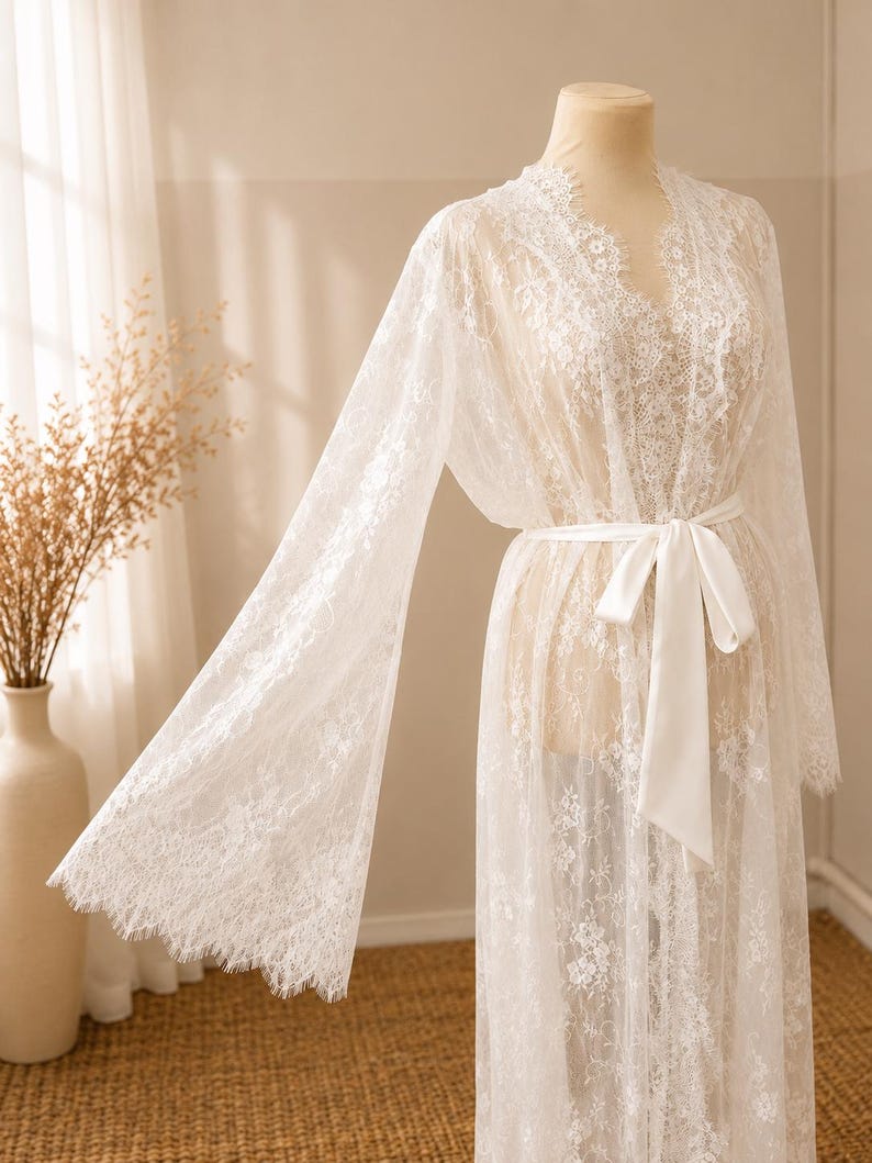 Wedding morning robe made from delicate Chantilly lace