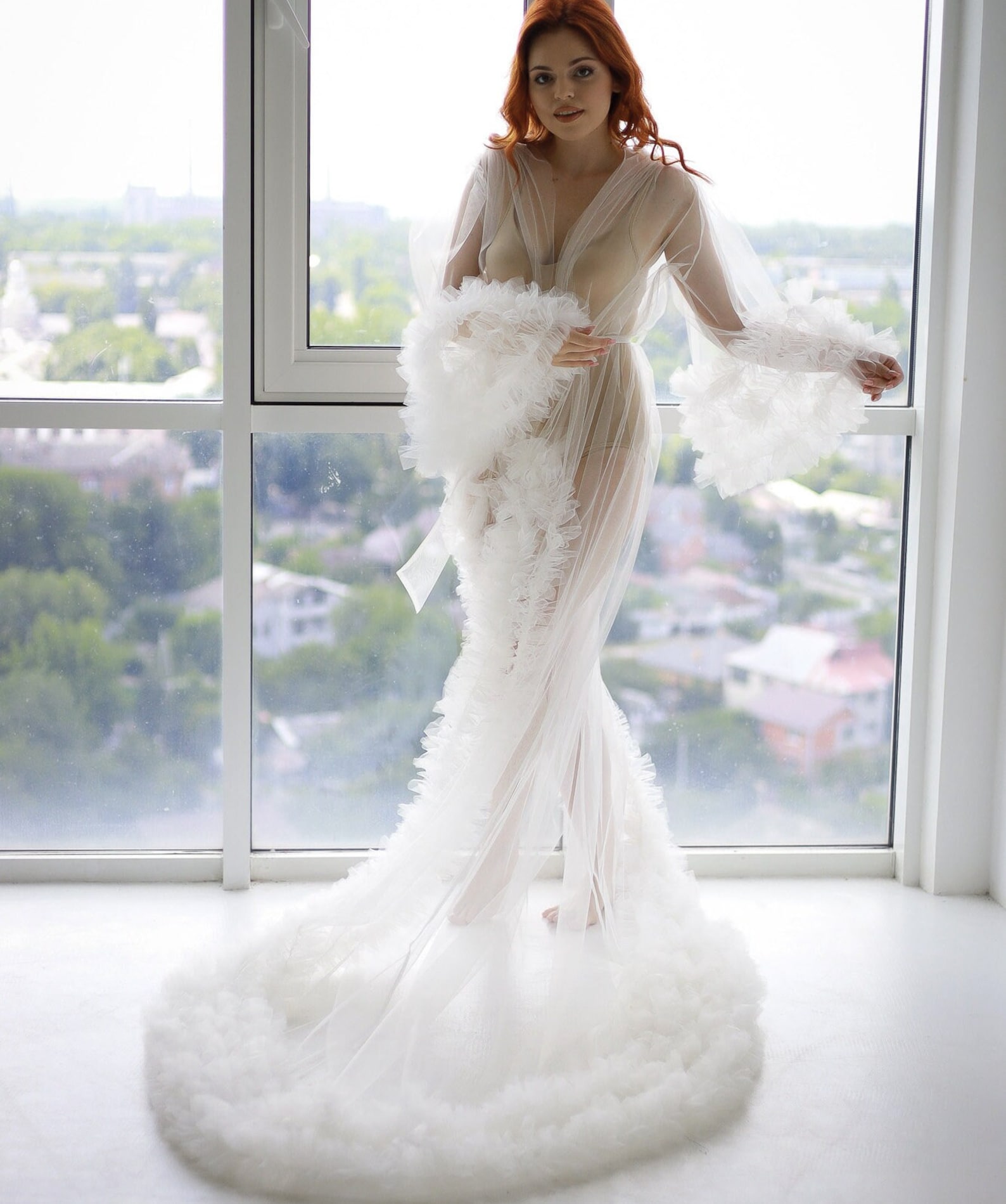 Chantilly Floral Lace Tulle Mesh Long Bridal Robe with Train