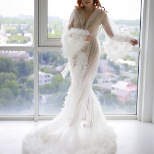 Gift for bride to be Long bridal robe with train Sheer tulle ruffle robe Boudoir dressing gown