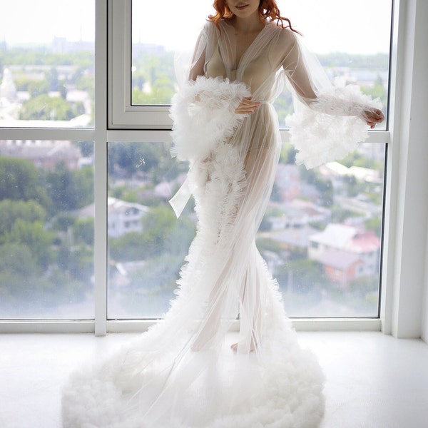 Long bridal robe with train Sheer tulle ruffle robe Boudoir Robe