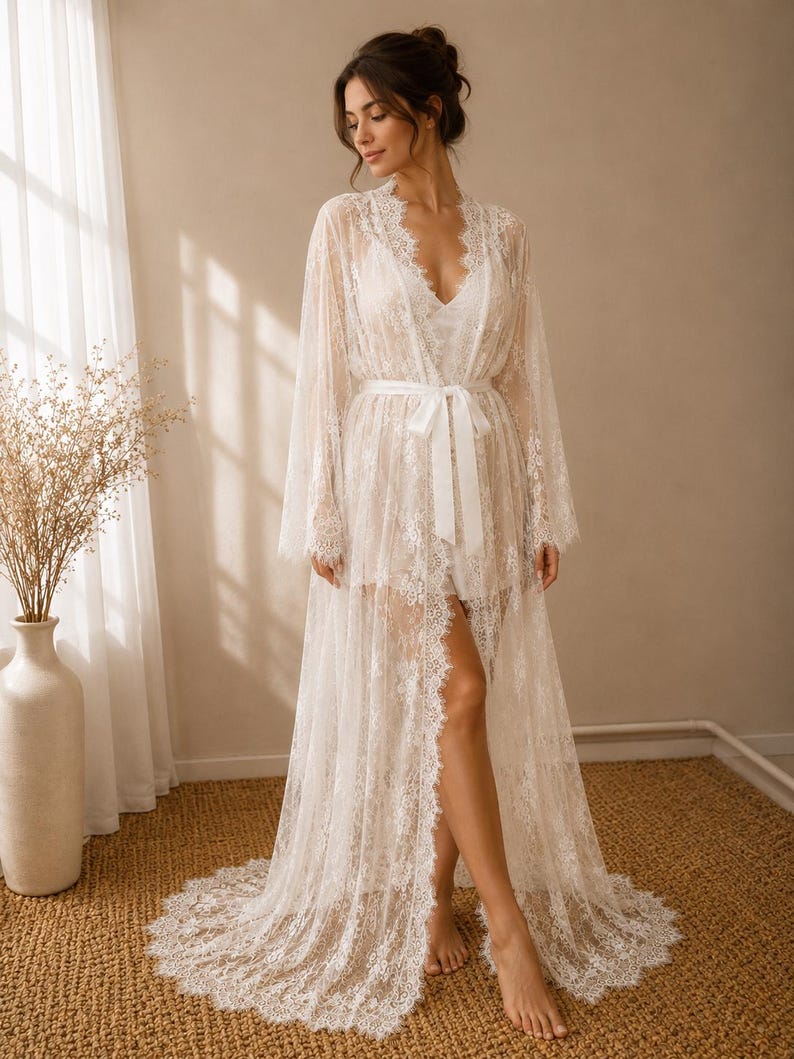 White Chantilly lace bridal robe with train and silk belt for wedding morning