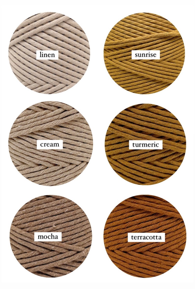 May include: Six spools of cotton cord in different colours: linen, sunrise, cream, turmeric, mocha, and terracotta.