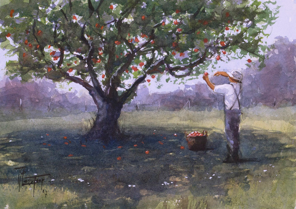 Apple Tree Painting Fruit Trees Apple Orchard Art Apple Etsy