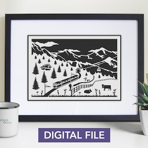 Puede incluir: Ilustración digital en blanco y negro de un paisaje de montaña con un tren, una cabaña, una vaca y un telesilla. La imagen está enmarcada en un marco negro.