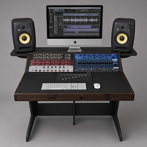 May include: A dark wood studio desk featuring a central computer monitor displaying audio software, two black studio monitors with yellow cones, rack-mounted audio equipment, a white computer keyboard, and a white computer mouse.