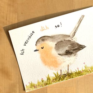Handgemaltes Rotkehlchen| Postkarte Aquarellmalerei| Du fehlst mir| Vermisse dich| Liebe dich| Vogelbild| Tiermotive| Grußkarte mit Spruch