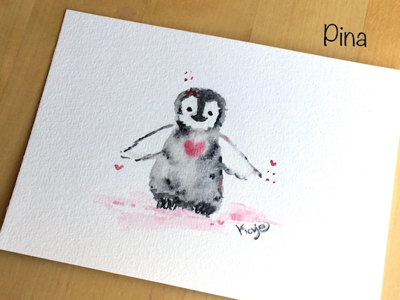 Pinguin Postkarte| Original Aquarellmalerei| handgemalte Karten| Vogelkinder A6| Tiermotive| Einzelstück| Liebe Freundschaft Geburt|| Unikat