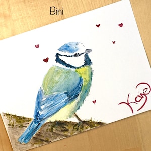 Handgemalte Postkarte| Blaumeise Original Aquarell| Vogelmotiv A6| Tierbild| Aquarellmalerei Frühling| Gartenvögel| Einzelstück| Geburtstag