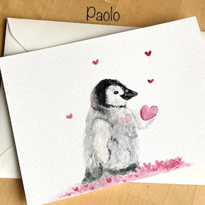 handgemalte Pinguin Aquarellkarten, Original Aquarell Postkarte mit Baby Pinguin auf rosanem Schnee mit rosa Herzen. Handgemachte Grußkarte mit Vogelmotiv Winter, Niedliche Unikat Kunstkarte mit kleinem Pinguin zum Geburtsta,g zu Weihnachten, für Liebe, Geburt, Freudschaft, Muttertag, Valentinstag.
