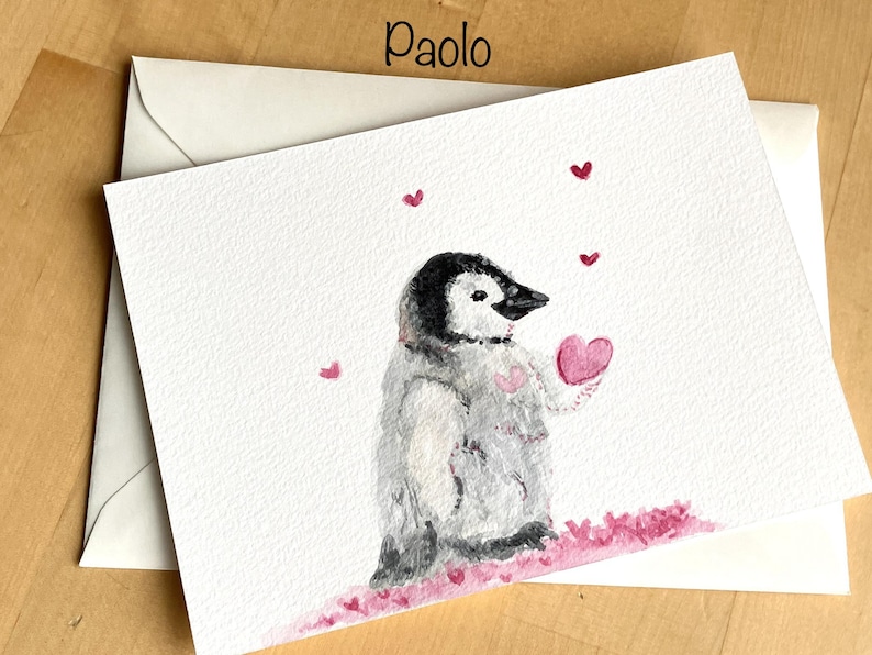 handgemalte Pinguin Aquarellkarten, Original Aquarell Postkarte mit Baby Pinguin auf rosanem Schnee mit rosa Herzen. Handgemachte Grußkarte mit Vogelmotiv Winter, Niedliche Unikat Kunstkarte mit kleinem Pinguin zum Geburtsta,g zu Weihnachten, für Liebe, Geburt, Freudschaft, Muttertag, Valentinstag.