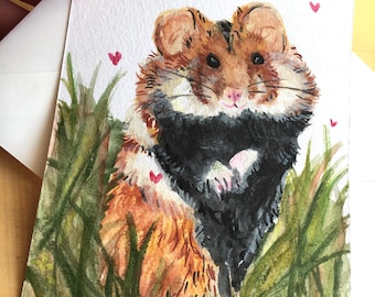 Hand-painted European hamster | Postcard, original watercolor of forest and meadow animals | Spring and summer motif | Birthday greetings |