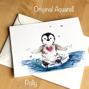 handgemalte Pinguin Aquarellkarten, Original Aquarell Postkarte mit Baby Pinguin auf der Eissscholle im Meer mit rosa Herzen. Handgemachte Grußkarte mit Vogelmotiv Winter, Niedliche Unikat Kunstkarte mit kleinem Pinguin zum Geburtsta,g zu Weihnachten, für Liebe, Geburt, Freudschaft, Muttertag, Valentinstag.