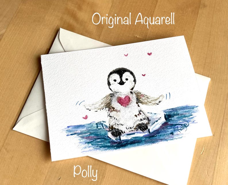 handgemalte Pinguin Aquarellkarten, Original Aquarell Postkarte mit Baby Pinguin auf der Eissscholle im Meer mit rosa Herzen. Handgemachte Grußkarte mit Vogelmotiv Winter, Niedliche Unikat Kunstkarte mit kleinem Pinguin zum Geburtsta,g zu Weihnachten, für Liebe, Geburt, Freudschaft, Muttertag, Valentinstag.