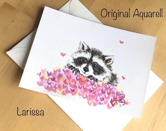 Waschbär Postkarte| handgemaltes Original Aquarell | Valentinstagskarte | Geburtstagskarte mit Tiermotiv | Liebeskarten
