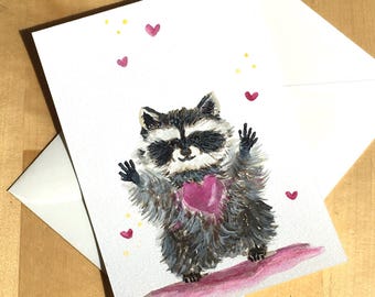 Waschbär Postkarte| handgemaltes Original Aquarell | Valentinstagskarte | Geburtstagskarte mit Tiermotiv | Liebeskarten
