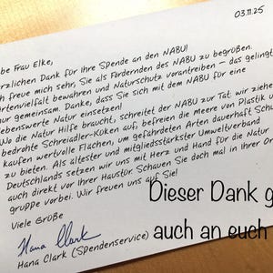 Handgemalte Postkarten mit Vogelmotiv sind Karten für einen guten Zweck. Hier auf dem Bild ist das Dankenschreiben vom NABU für die Spende an das Projekt: "Sicherer Rastplatz für Zugvögel". Postkarten mit Spendenanteil