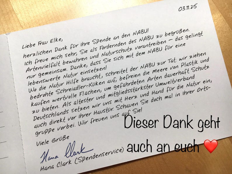 Handgemalte Postkarten mit Vogelmotiv sind Karten für einen guten Zweck. Hier auf dem Bild ist das Dankenschreiben vom NABU für die Spende an das Projekt: "Sicherer Rastplatz für Zugvögel". Postkarten mit Spendenanteil