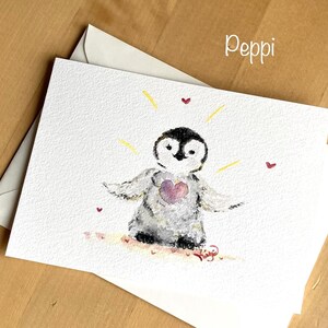 handgemalte Pinguin Aquarellkarten, Original Aquarell Postkarte mit Baby Pinguin auf  Schnee mit rosa auf der Brust. Handgemachte Grußkarte mit Vogelmotiv Winter, Niedliche Unikat Kunstkarte mit kleinem Pinguin zum Geburtsta,g zu Weihnachten, für Liebe, Geburt, Freudschaft, Muttertag, Valentinstag.