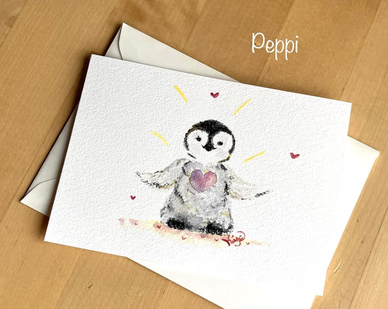 handgemalte Pinguin Aquarellkarten, Original Aquarell Postkarte mit Baby Pinguin auf  Schnee mit rosa auf der Brust. Handgemachte Grußkarte mit Vogelmotiv Winter, Niedliche Unikat Kunstkarte mit kleinem Pinguin zum Geburtsta,g zu Weihnachten, für Liebe, Geburt, Freudschaft, Muttertag, Valentinstag.