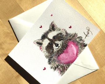 Waschbär Postkarte| handgemaltes Original Aquarell | Valentinstagskarte | Geburtstagskarte mit Tiermotiv | Liebeskarten