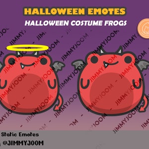 Puede incluir: Dos emojis de rana rojos con disfraces de Halloween. Una rana es un &aacute;ngel con un halo y alas. La otra rana es un diablo con cuernos y cola. El fondo es morado con el texto "Halloween Emotes" y "Halloween Costume Frogs".