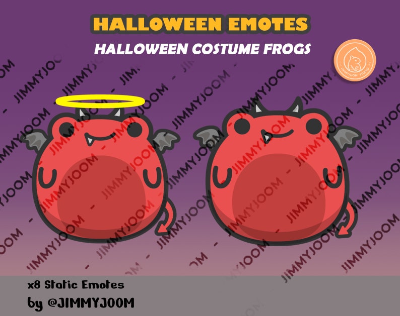 Puede incluir: Dos emojis de rana rojos con disfraces de Halloween. Una rana es un &aacute;ngel con un halo y alas. La otra rana es un diablo con cuernos y cola. El fondo es morado con el texto "Halloween Emotes" y "Halloween Costume Frogs".