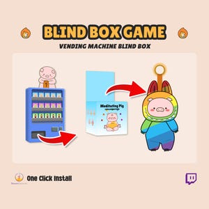 May include: An image advertising a blind box game. It features a blue vending machine, a box with a "Meditating Pig" design, and a pig-shaped keychain with a rainbow hood. The text says "BLIND BOX GAME" and "VENDING MACHINE BLIND BOX."